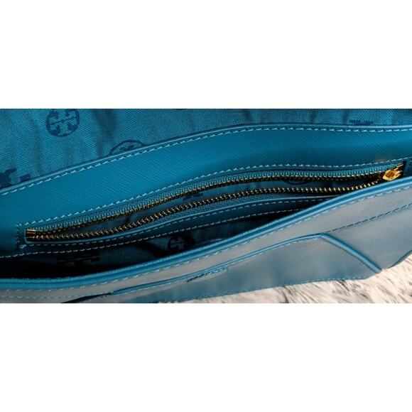 Tory Burch Robinson Envelope Clutch Saffiano Leather Pocket Chain Turquoise Blue - Picture 5 of 8